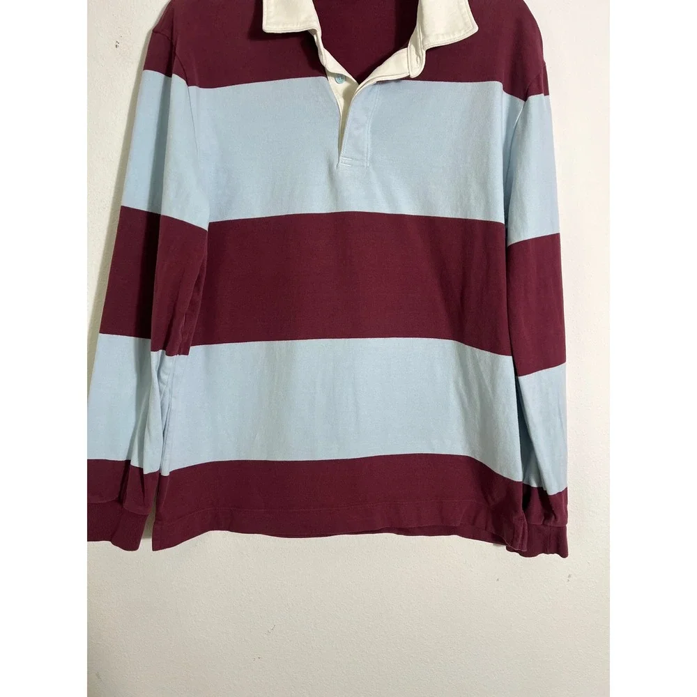 LULULEMON Long Sleeve Cotton Rugby Shirt in Wide Stripe Burgundy Bay Foam Cloud
